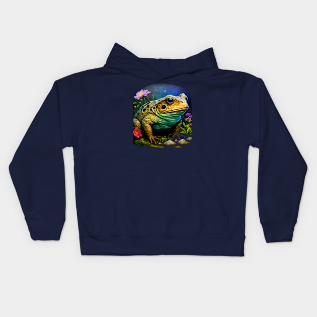 Toad Frog in Garden with Flowers Kids Hoodie by Pine Hill Goods